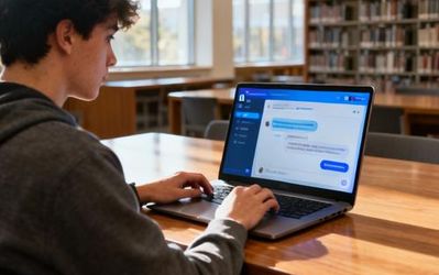 Student using AI chat website on laptop in modern library setting