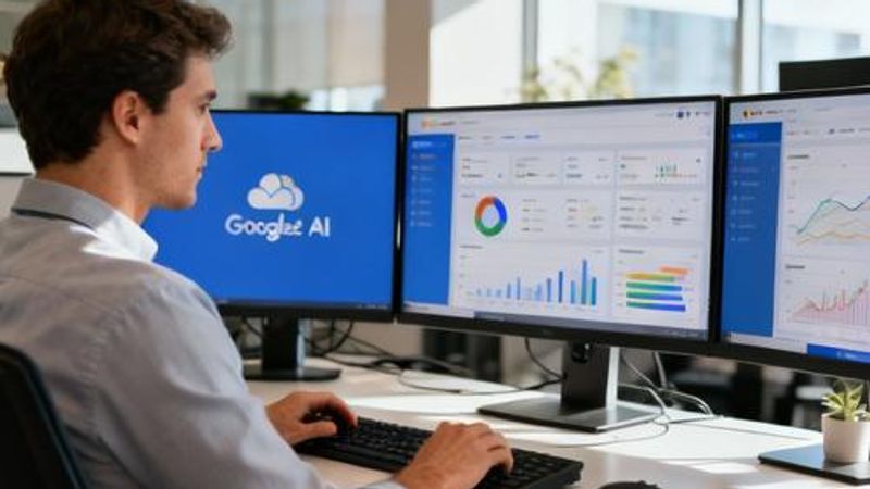 Data analyst using Google Cloud AI tools on multiple monitors with analytics dashboards