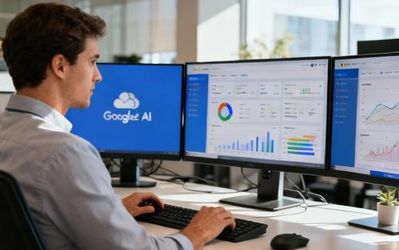 Data analyst using Google Cloud AI tools on multiple monitors with analytics dashboards