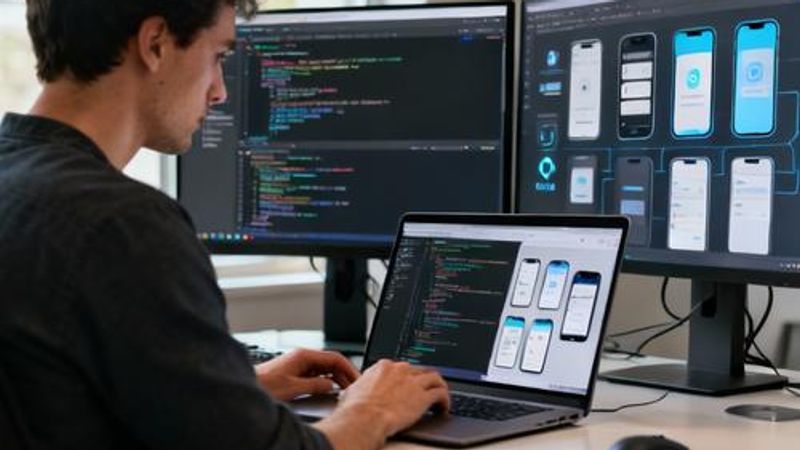 Programmer using AI app generator on laptop with code snippets on screen