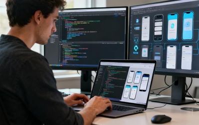 Programmer using AI app generator on laptop with code snippets on screen
