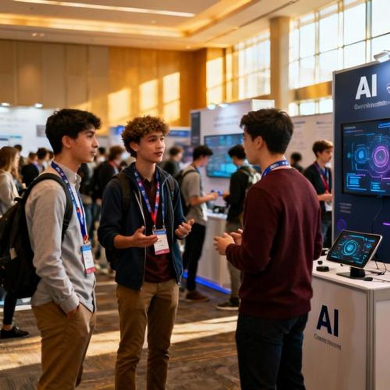 Students networking at AI conference with industry professionals