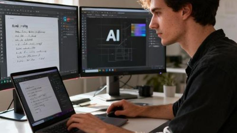 Content creator working with AI tools on laptop with multiple screens showing writing and design interfaces
