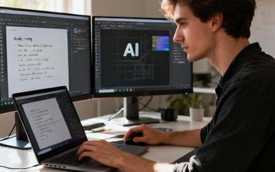 Content creator working with AI tools on laptop with multiple screens showing writing and design interfaces