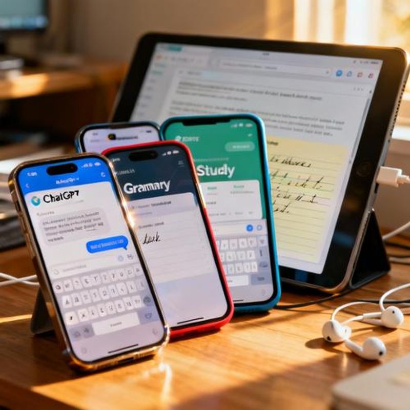 Various AI tool icons and interfaces displayed on a smartphone and tablet