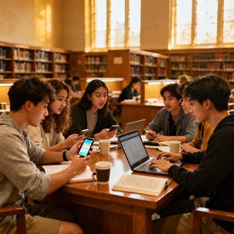 Students discussing AI language learning tools in library