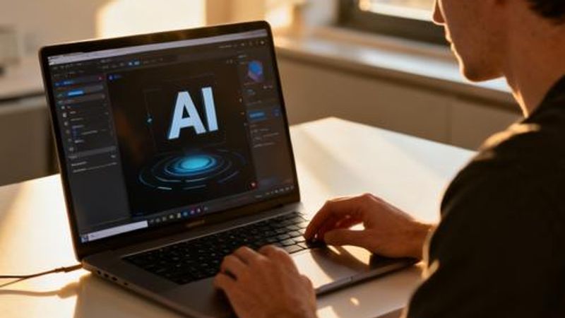Content creator working with AI tools on laptop in modern workspace