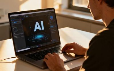 Content creator working with AI tools on laptop in modern workspace