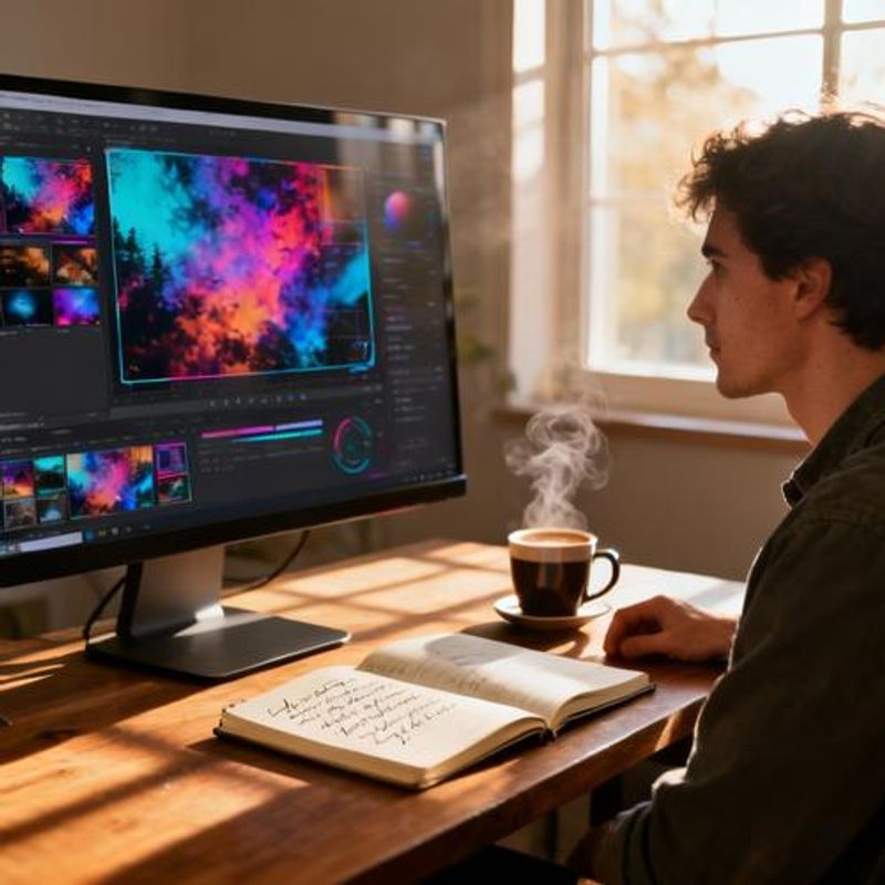 Content creator reviewing and editing AI-generated visual content on computer screen