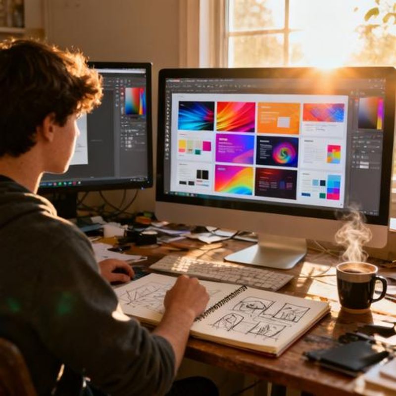 Student creating presentation slides using AI design tools