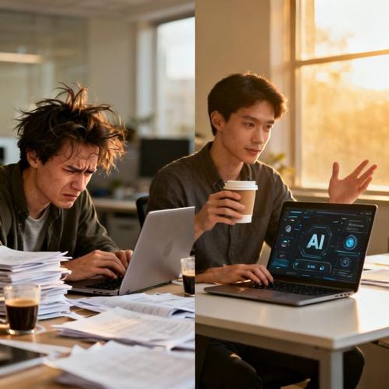 Split screen showing traditional vs AI-enhanced content creation workflow