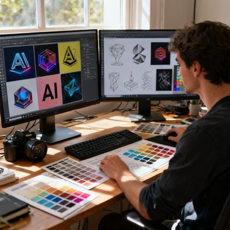 Content creator reviewing AI-generated designs on multiple screens