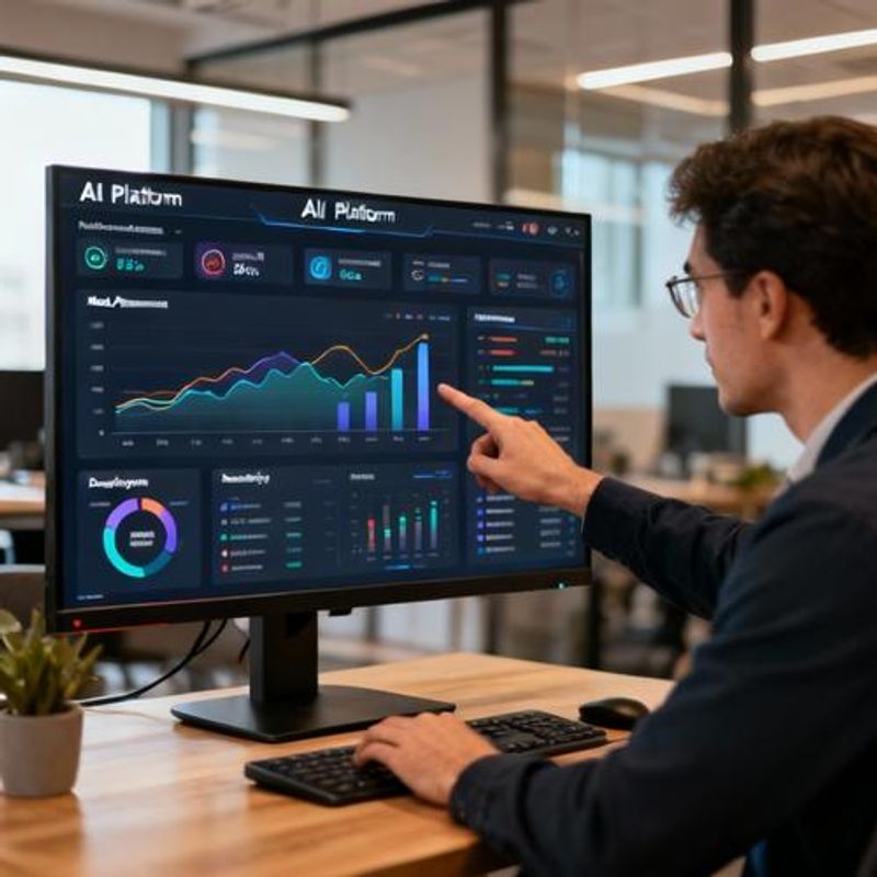 Data analyst reviewing model performance metrics and deployment status on AI platform dashboard