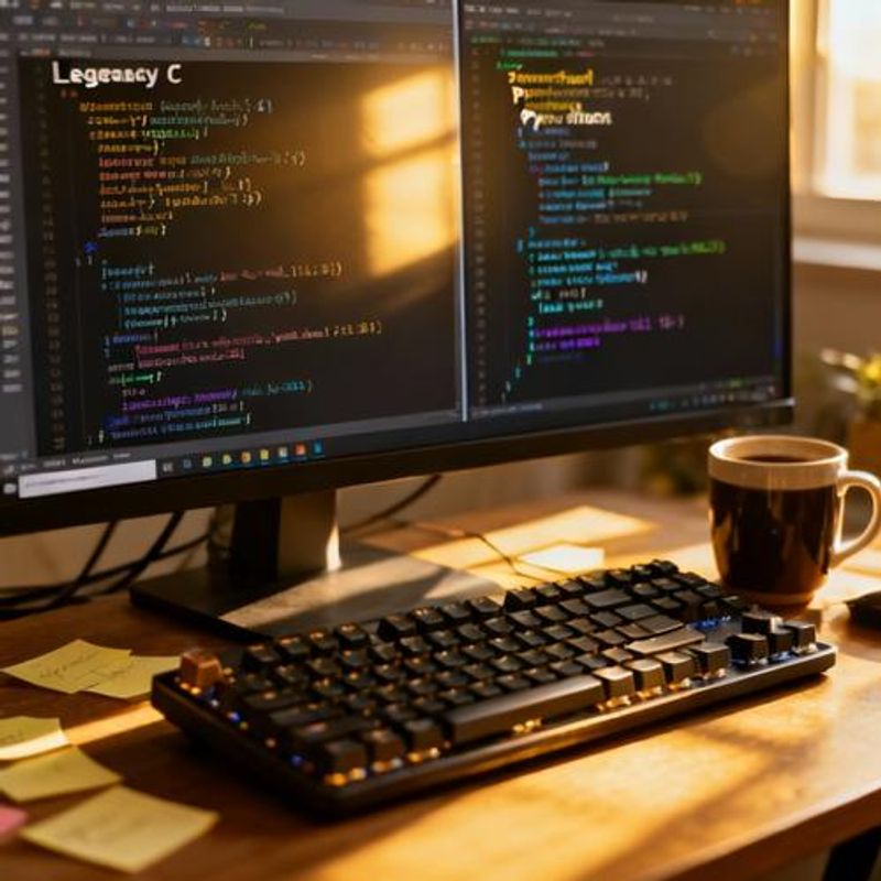 Code editor showing C to Python migration with side-by-side comparison