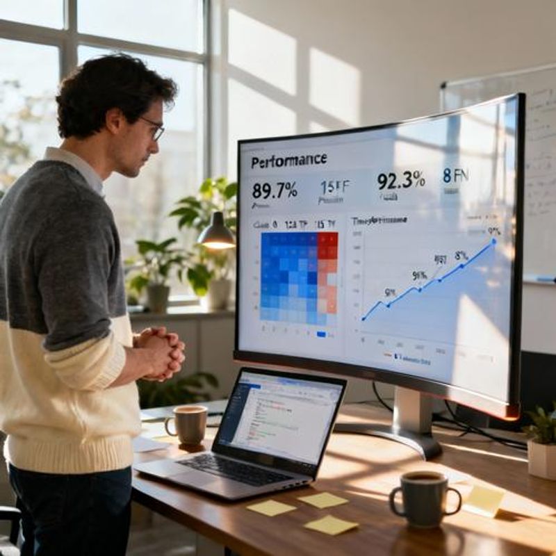 Data analyst reviewing model performance metrics and accuracy scores on Google AI platform