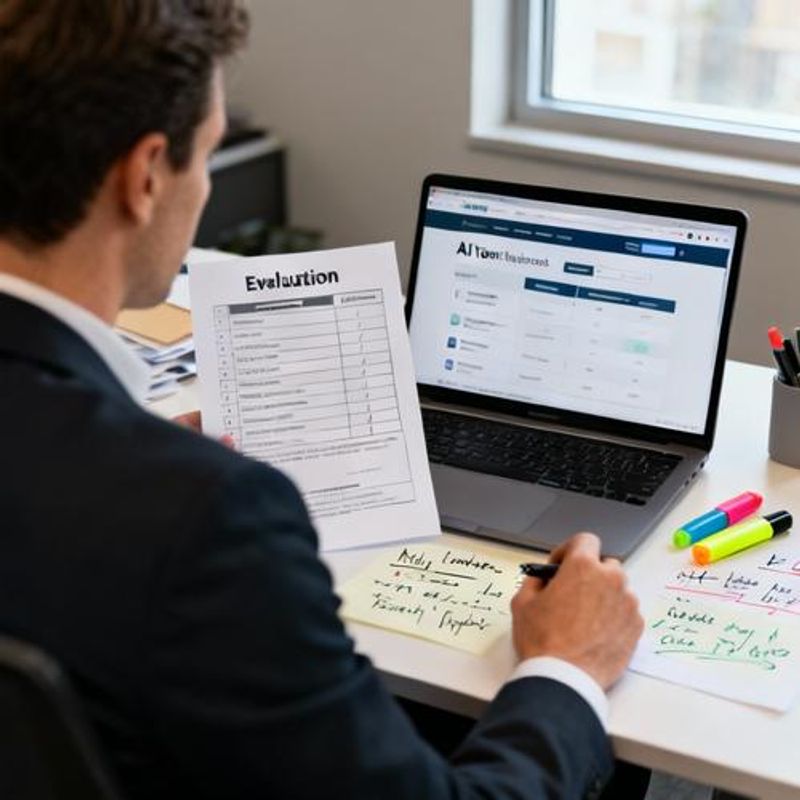 Data analyst using evaluation framework checklist while reviewing AI tool website on laptop