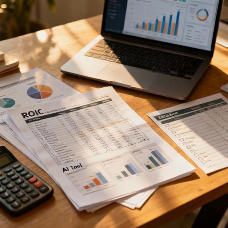 Desk setup showing ROI calculator spreadsheet, evaluation checklist, and multiple AI tool comparison charts