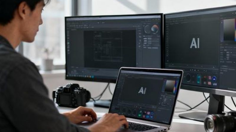 Content creator using AI tools on laptop with multiple screens showing creative work
