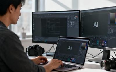 Content creator using AI tools on laptop with multiple screens showing creative work
