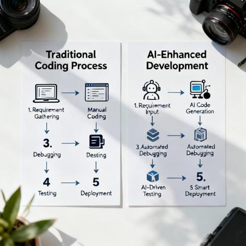 Comparison chart showing traditional coding workflow versus AI-enhanced development process