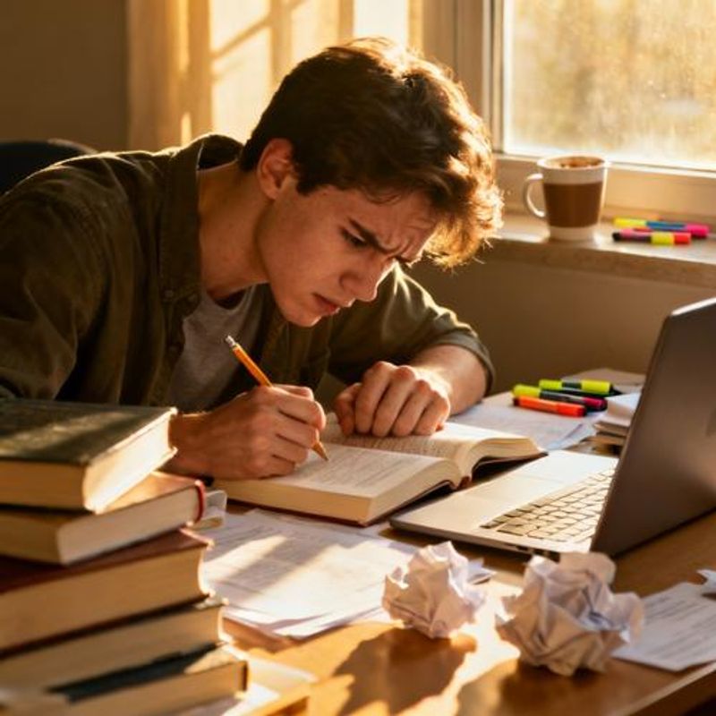 Student overwhelmed with textbooks and papers at desk