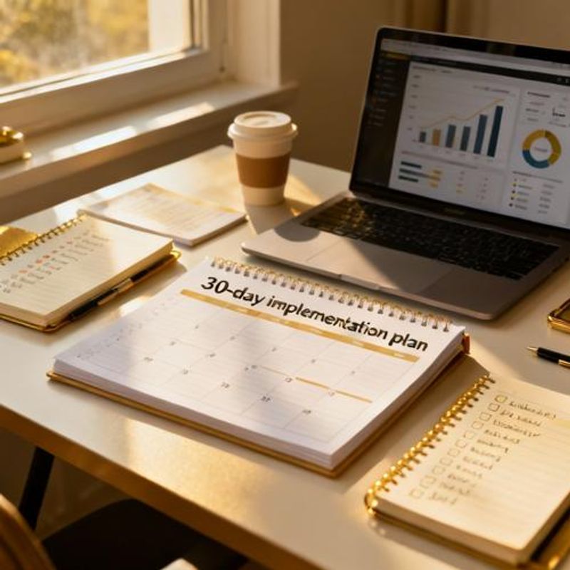 Calendar and checklist showing 30-day AI tool implementation timeline with progress tracking