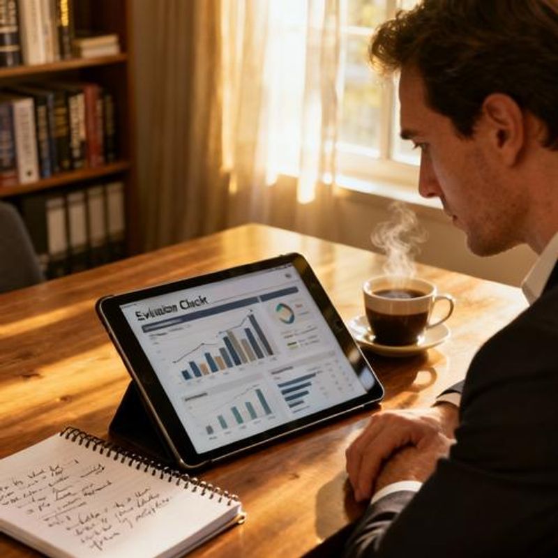 Data analyst reviewing AI tool evaluation checklist and performance metrics on tablet