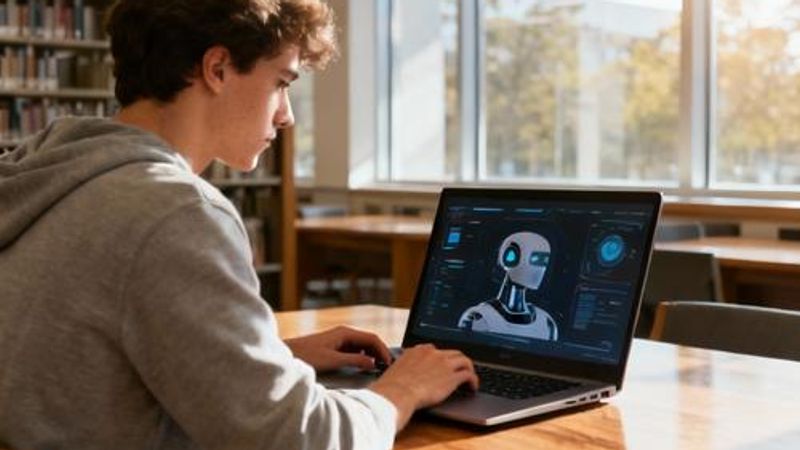 College student using AI tools on laptop in modern library setting