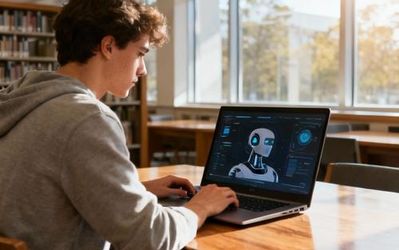 College student using AI tools on laptop in modern library setting