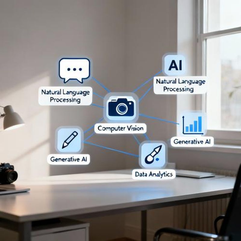 Various AI tool categories represented as interconnected digital icons