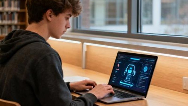 Student using AI tools on laptop in modern library