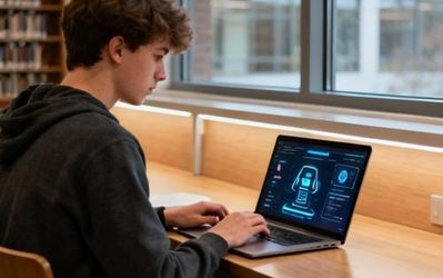 Student using AI tools on laptop in modern library