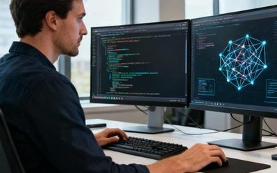 Programmer working on AI functionality code with multiple monitors showing neural network diagrams