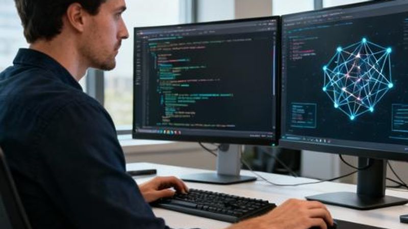 Programmer working on AI functionality code with multiple monitors showing neural network diagrams