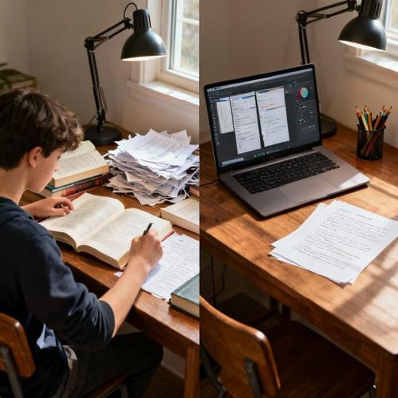 Split screen showing traditional study methods versus AI-enhanced studying