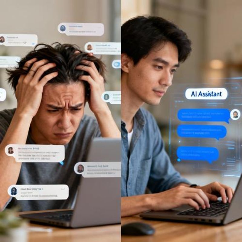Split screen showing overwhelmed creator vs organized creator using AI chatbot automation