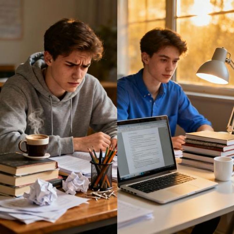 Student overwhelmed by books and papers versus organized digital workspace