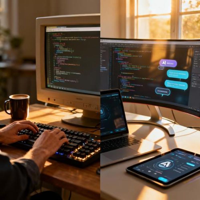 Split screen comparison showing traditional coding vs AI-assisted development workflow