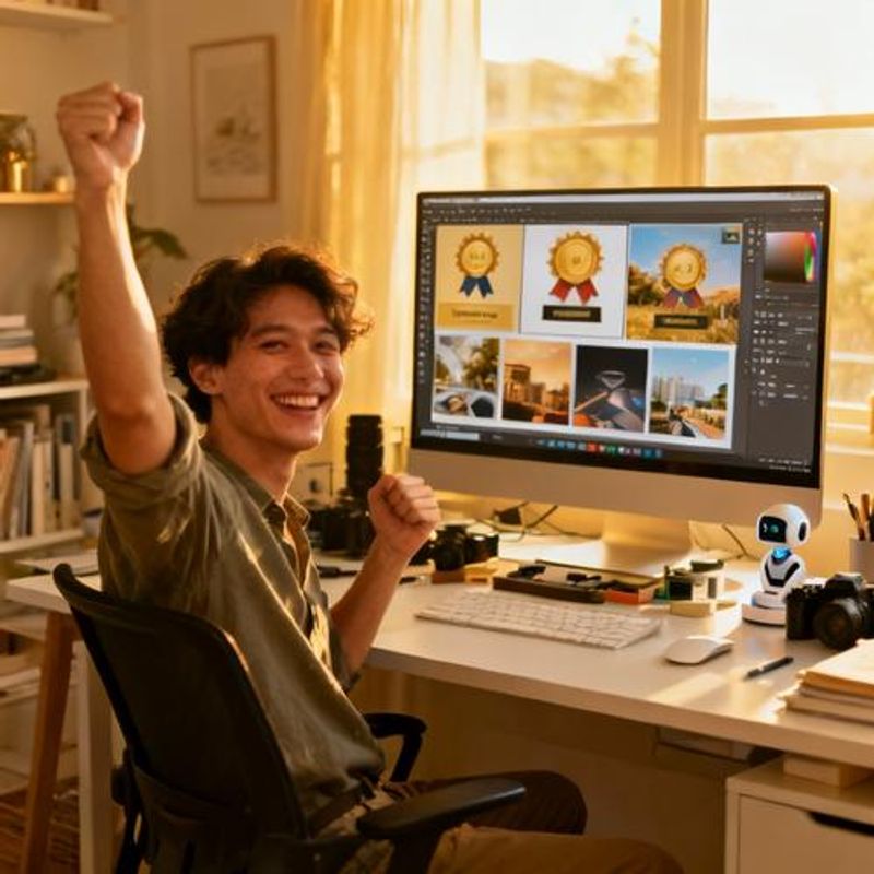 Content creator celebrating successful AI-assisted project completion with organized workspace