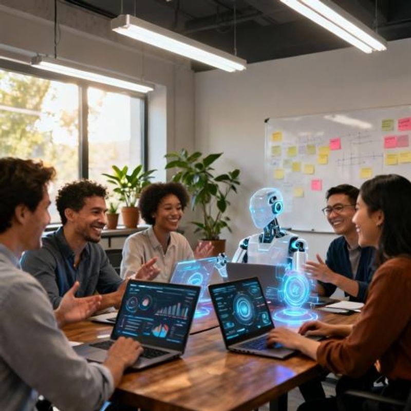 Enterprise team collaborating with AI tools in modern workspace