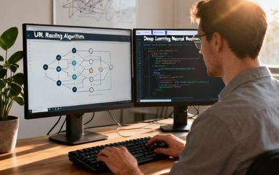 Developer working on AI URL generation code with multiple monitors