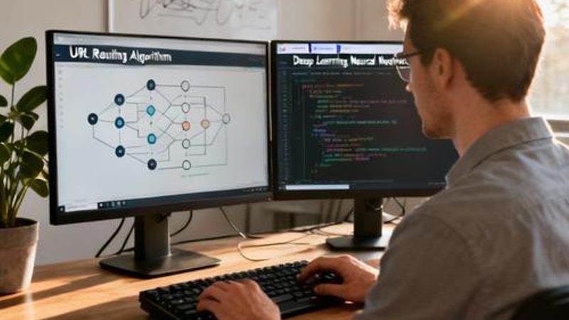 Developer working on AI URL generation code with multiple monitors