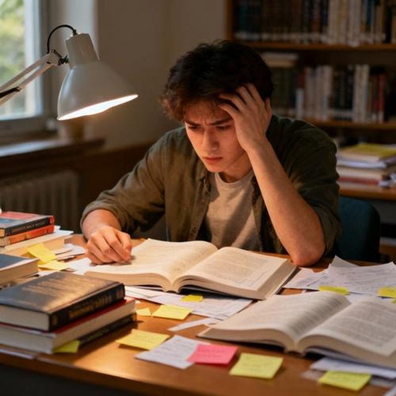 Student overwhelmed with books and papers scattered on desk