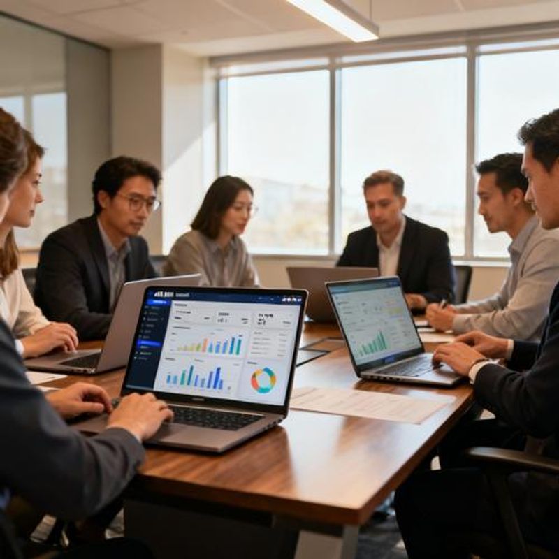 Sales team collaborating with data analyst using AI BDR software on laptops