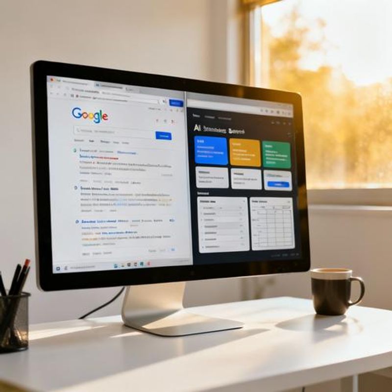 Split screen showing traditional search vs AI-powered search results for data analysis