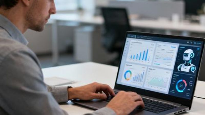 Data analyst using laptop to search for AI tools with multiple analytics dashboards displayed on screen