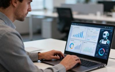 Data analyst using laptop to search for AI tools with multiple analytics dashboards displayed on screen