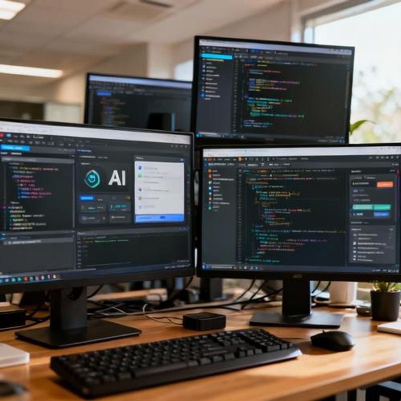 Various AI development tools and IDEs displayed on computer screens