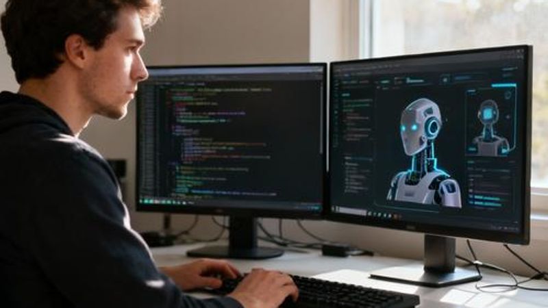 Programmer using AI tools on dual monitors in modern workspace