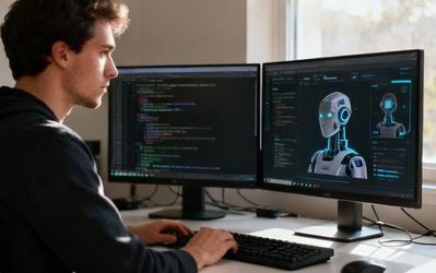 Programmer using AI tools on dual monitors in modern workspace